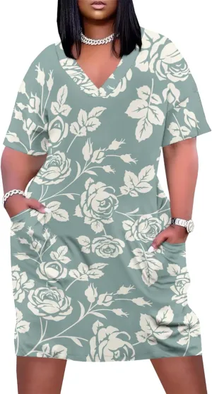 PinkPatty Women's Plus Size Rose Print Dresses V Neck Short Sleeve Midi Dress with Pockets Sundress