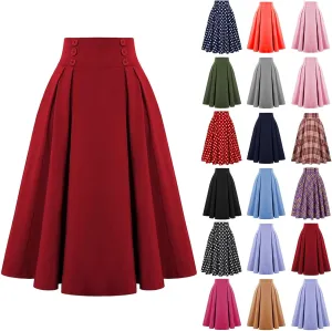 Pleated Midi Skirts for Women High Waisted A-Line Pleated Skirts Elastic Knee Length Casual Flowy Swing Flared Skirt