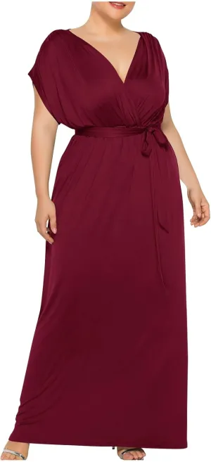Plus Size Summer Dress for Women Fashion Solid Color Sundress Warp V Neck Short Sleeve Flowy Maxi Long Dresses