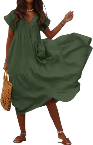 Plus Size Summer Dresses Ruffled Cotton Gauze Short Sleeve Dress for Women Tiered Maxi Dress Loose Fit High Waisted Midi Dress for Women,Green,S