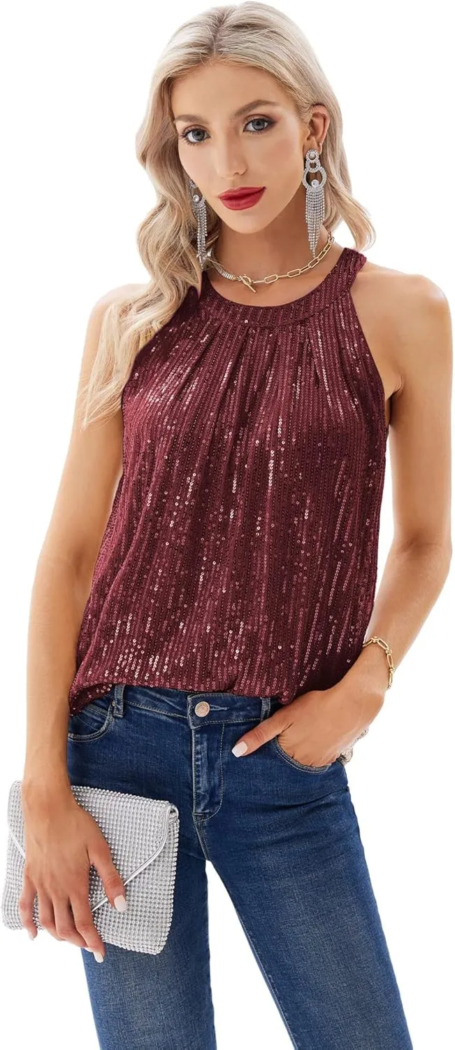 Pluto & Fox Womens Sequin Halter Tops Sleeveless Tank Camisole Tops Sparkly Glitter Holiday Party Club Cocktail Vest Shirt