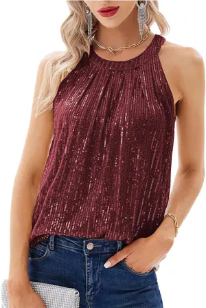 Pluto & Fox Womens Sequin Halter Tops Sleeveless Tank Camisole Tops Sparkly Glitter Holiday Party Club Cocktail Vest Shirt