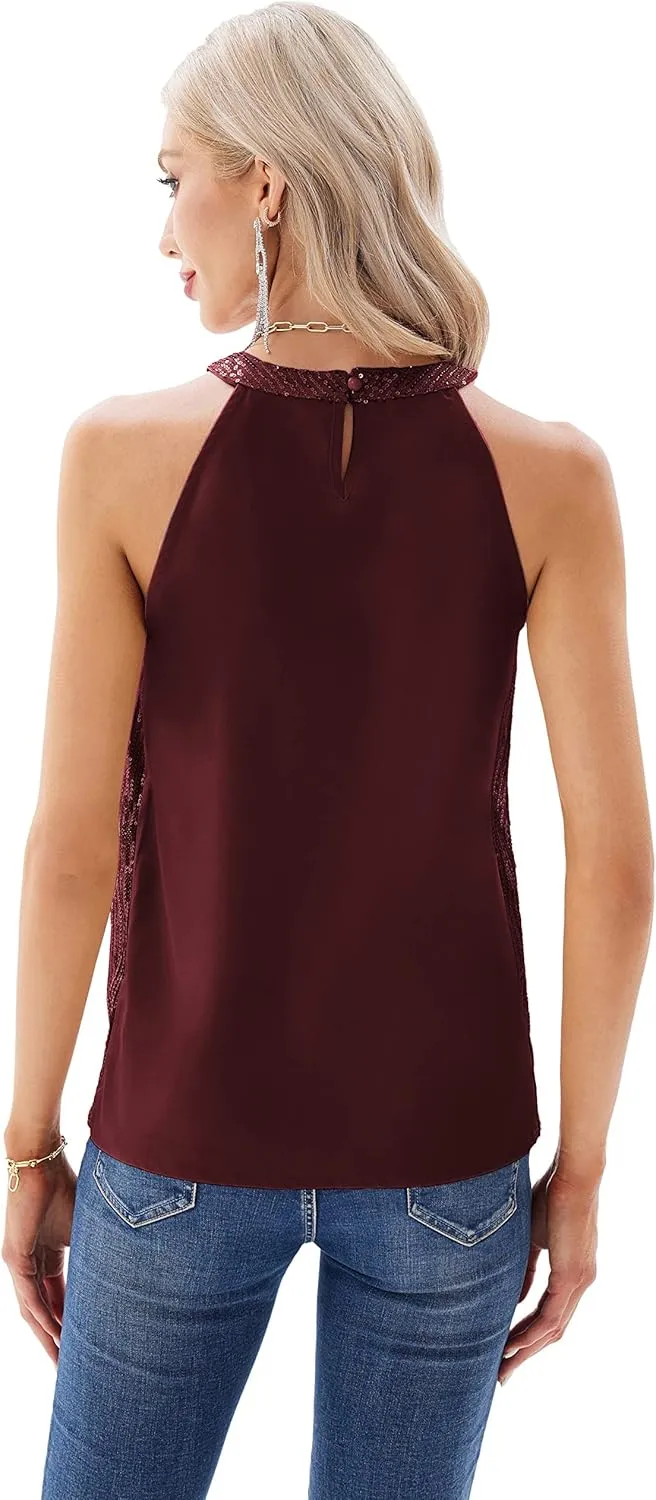 Pluto & Fox Womens Sequin Halter Tops Sleeveless Tank Camisole Tops Sparkly Glitter Holiday Party Club Cocktail Vest Shirt