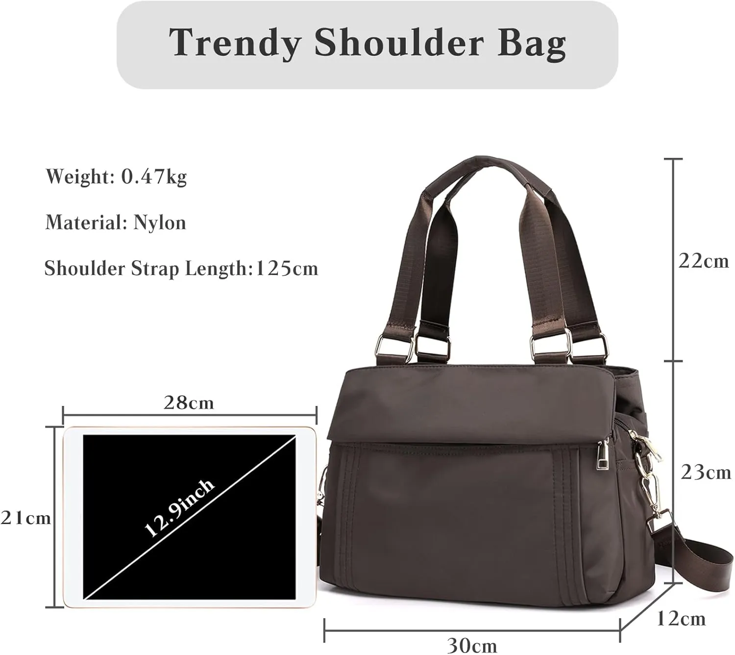 PORRASSO Crossbody Bag Nylon Shoulder Bag Women Multi-pocket Handbag Ladies Satchel Tote for Travel Work Daily Use Brown