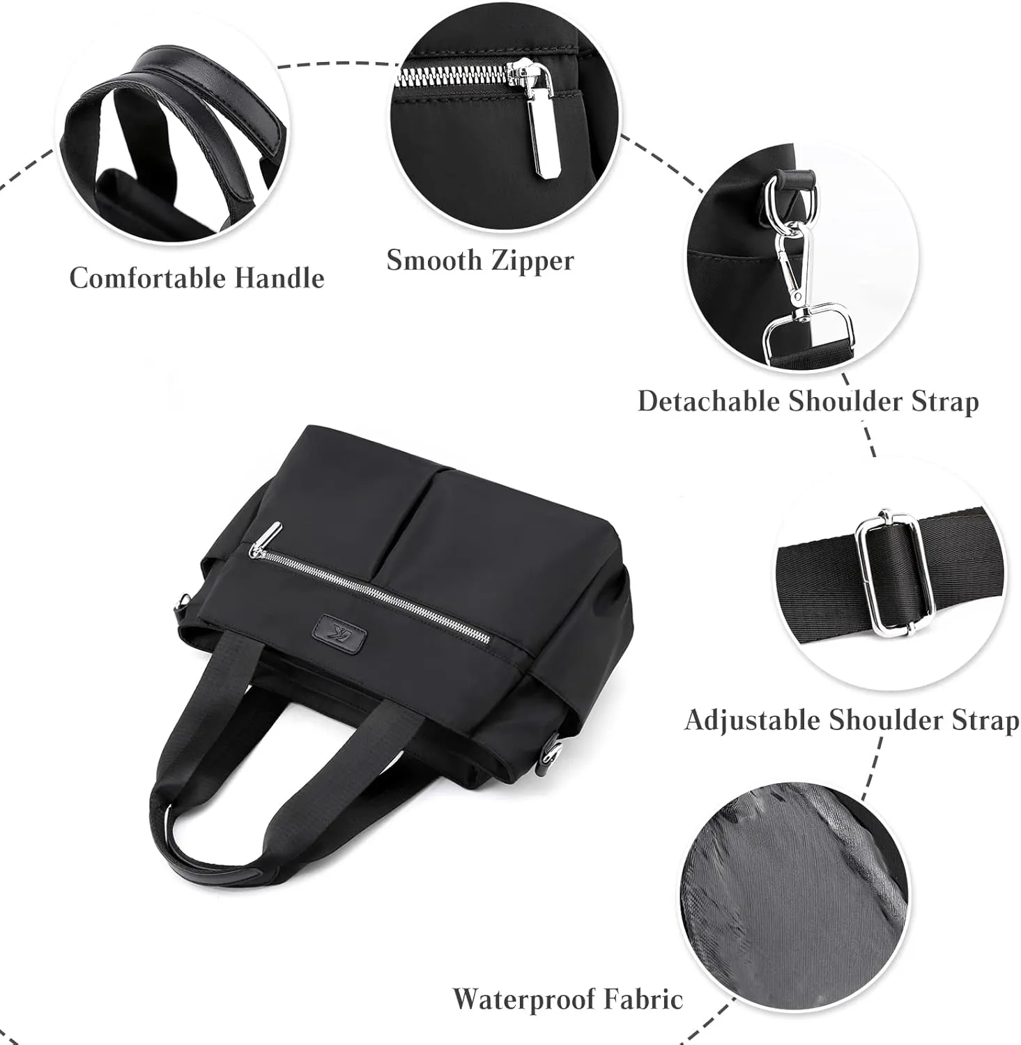 PORRASSO Crossbody Bag Women Shoulder Bag Nylon Multi-pocket Handbag Tote Ladies Satchel for Travel Work Daily Use Black