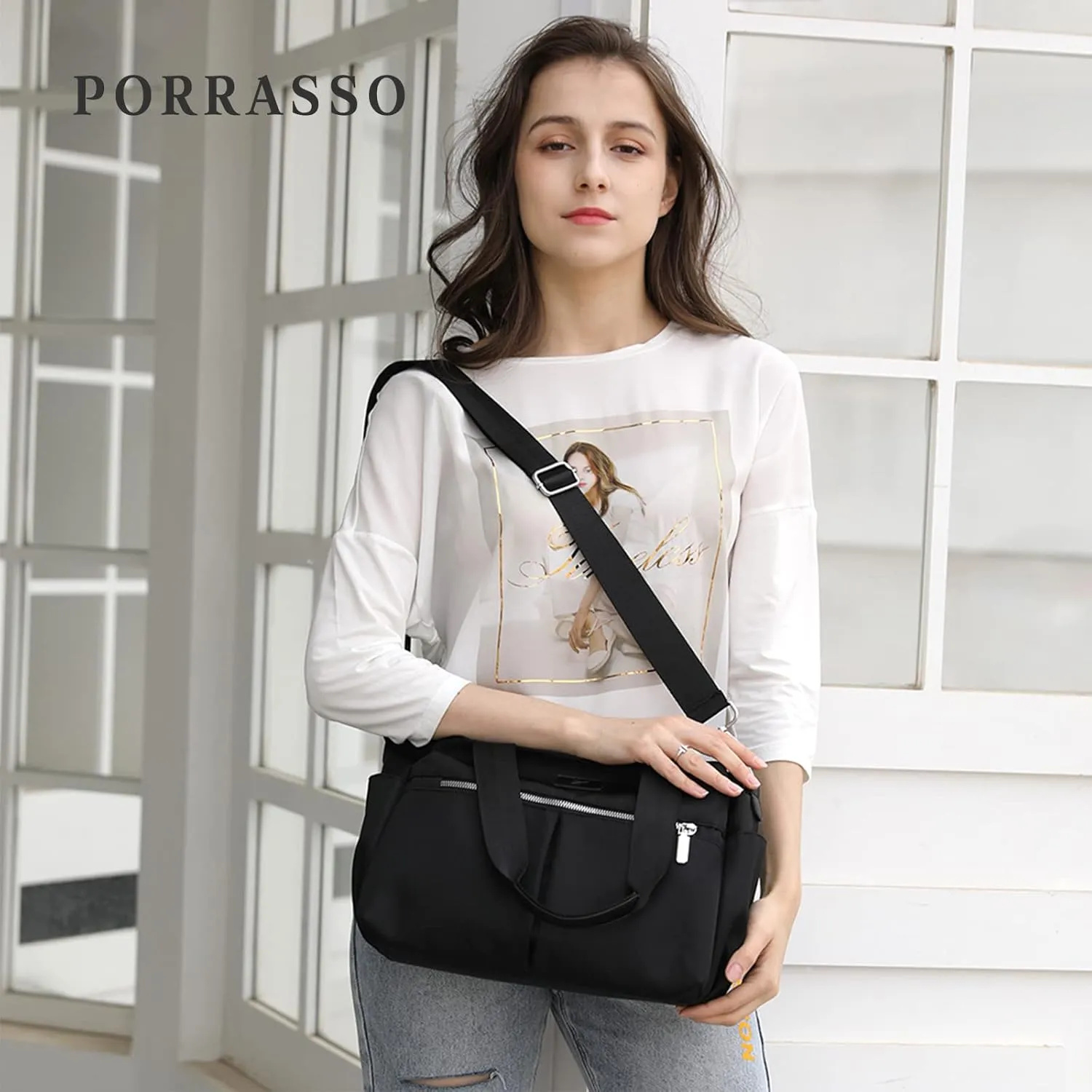 PORRASSO Crossbody Bag Women Shoulder Bag Nylon Multi-pocket Handbag Tote Ladies Satchel for Travel Work Daily Use Black