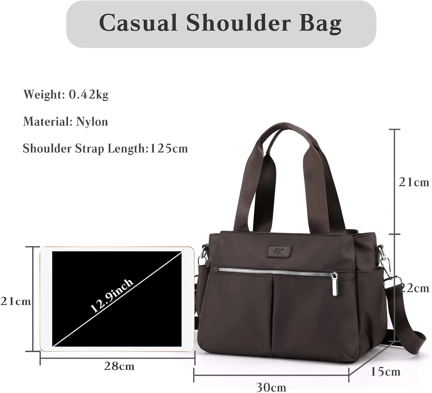 PORRASSO Crossbody Bag Women Shoulder Bag Nylon Multi-pocket Handbag Tote Ladies Satchel for Travel Work Daily Use Brown