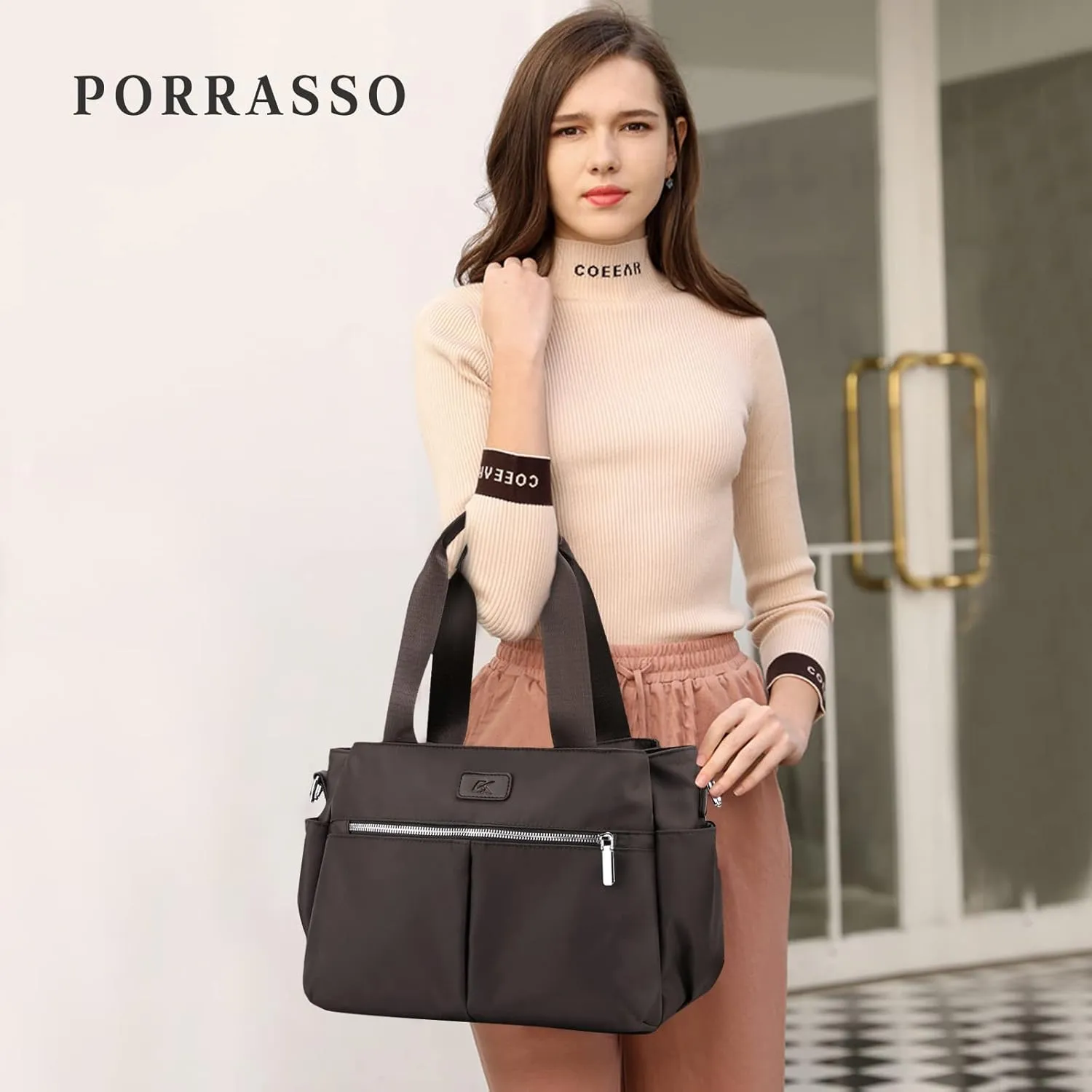 PORRASSO Crossbody Bag Women Shoulder Bag Nylon Multi-pocket Handbag Tote Ladies Satchel for Travel Work Daily Use Brown