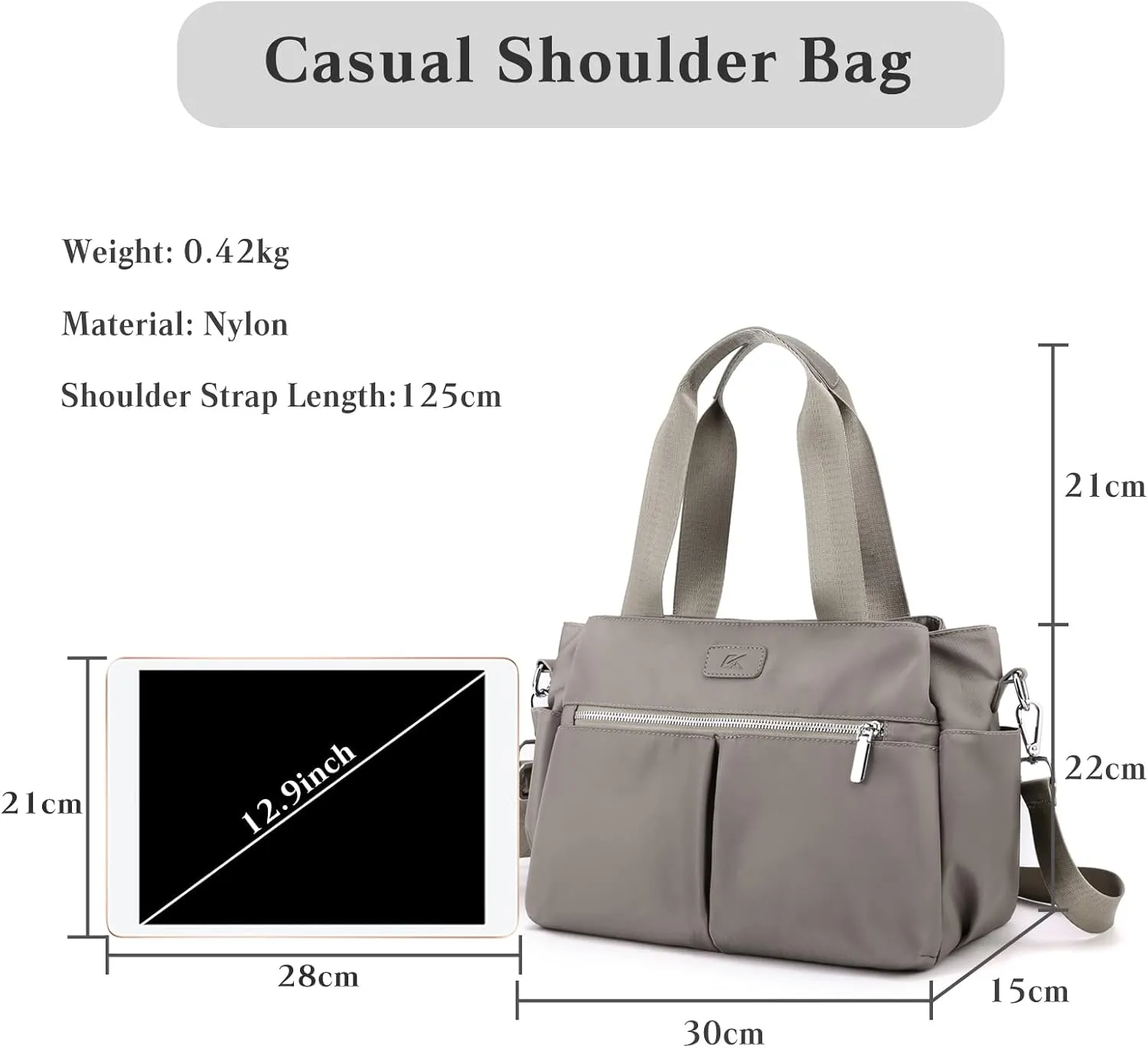 PORRASSO Crossbody Bag Women Shoulder Bag Nylon Multi-pocket Handbag Tote Ladies Satchel for Travel Work Daily Use Grey