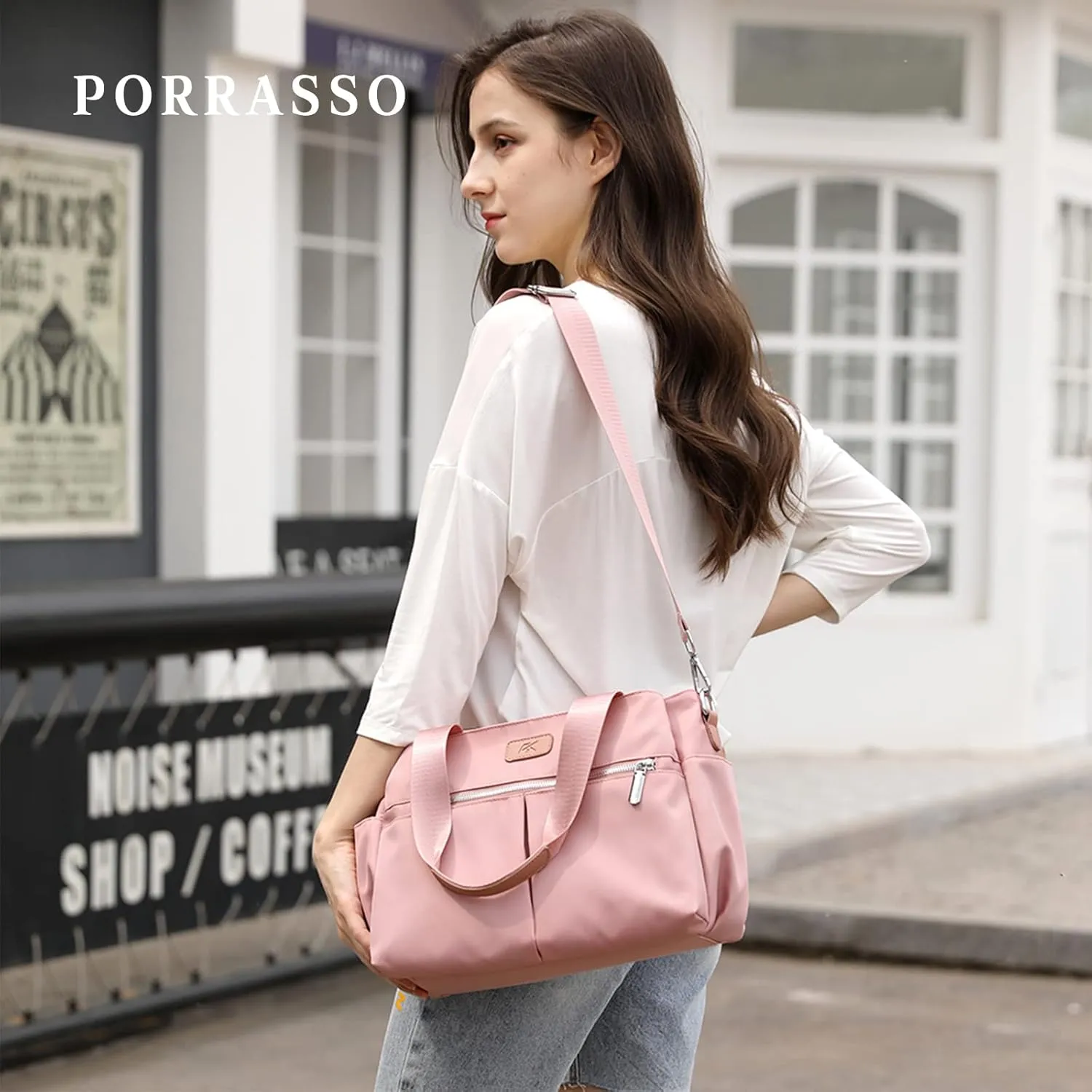 PORRASSO Crossbody Bag Women Shoulder Bag Nylon Multi-pocket Handbag Tote Ladies Satchel for Travel Work Daily Use Pink