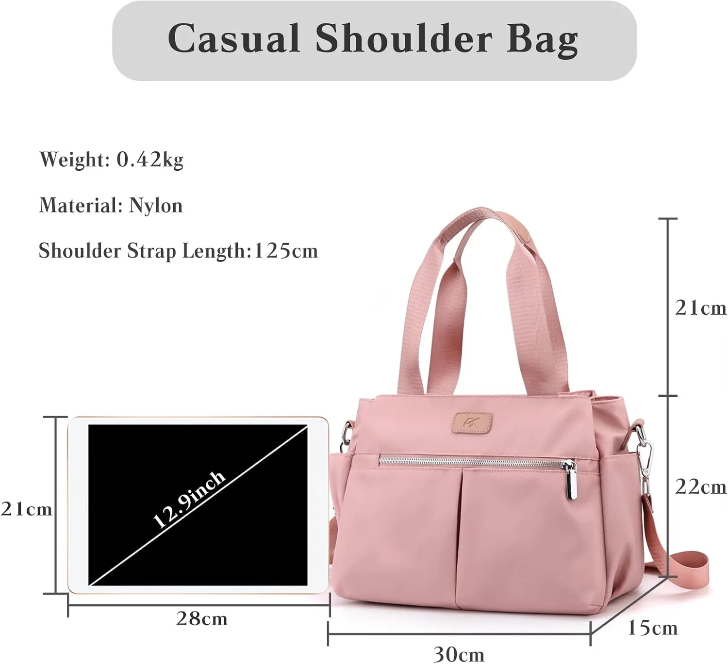 PORRASSO Crossbody Bag Women Shoulder Bag Nylon Multi-pocket Handbag Tote Ladies Satchel for Travel Work Daily Use Pink