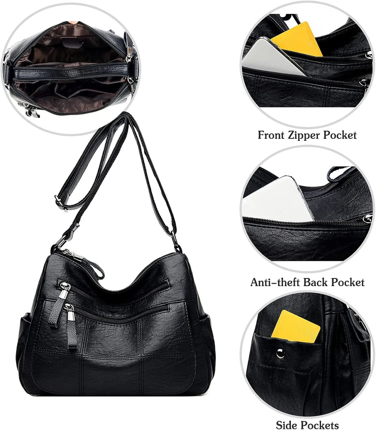 PORRASSO Vintage Crossbody Bag Ladies Shoulder Bag Multi-pocket Handbag Soft Women PU Leather Messenger Bag Work Travel Daily Use Satchel Purple