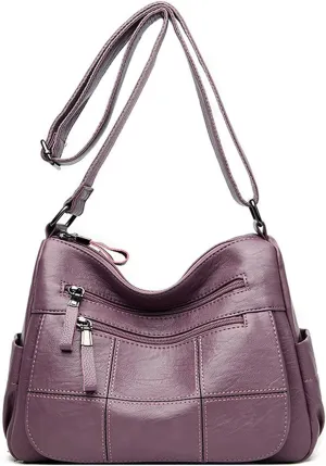 PORRASSO Vintage Crossbody Bag Ladies Shoulder Bag Multi-pocket Handbag Soft Women PU Leather Messenger Bag Work Travel Daily Use Satchel Purple