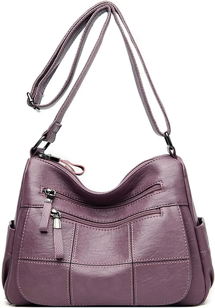 PORRASSO Vintage Crossbody Bag Ladies Shoulder Bag Multi-pocket Handbag Soft Women PU Leather Messenger Bag Work Travel Daily Use Satchel Purple