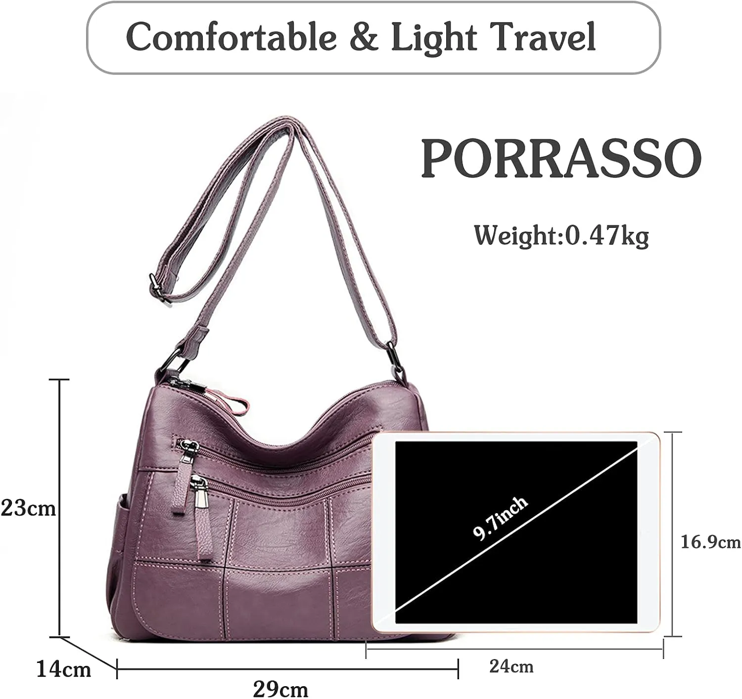 PORRASSO Vintage Crossbody Bag Ladies Shoulder Bag Multi-pocket Handbag Soft Women PU Leather Messenger Bag Work Travel Daily Use Satchel Purple