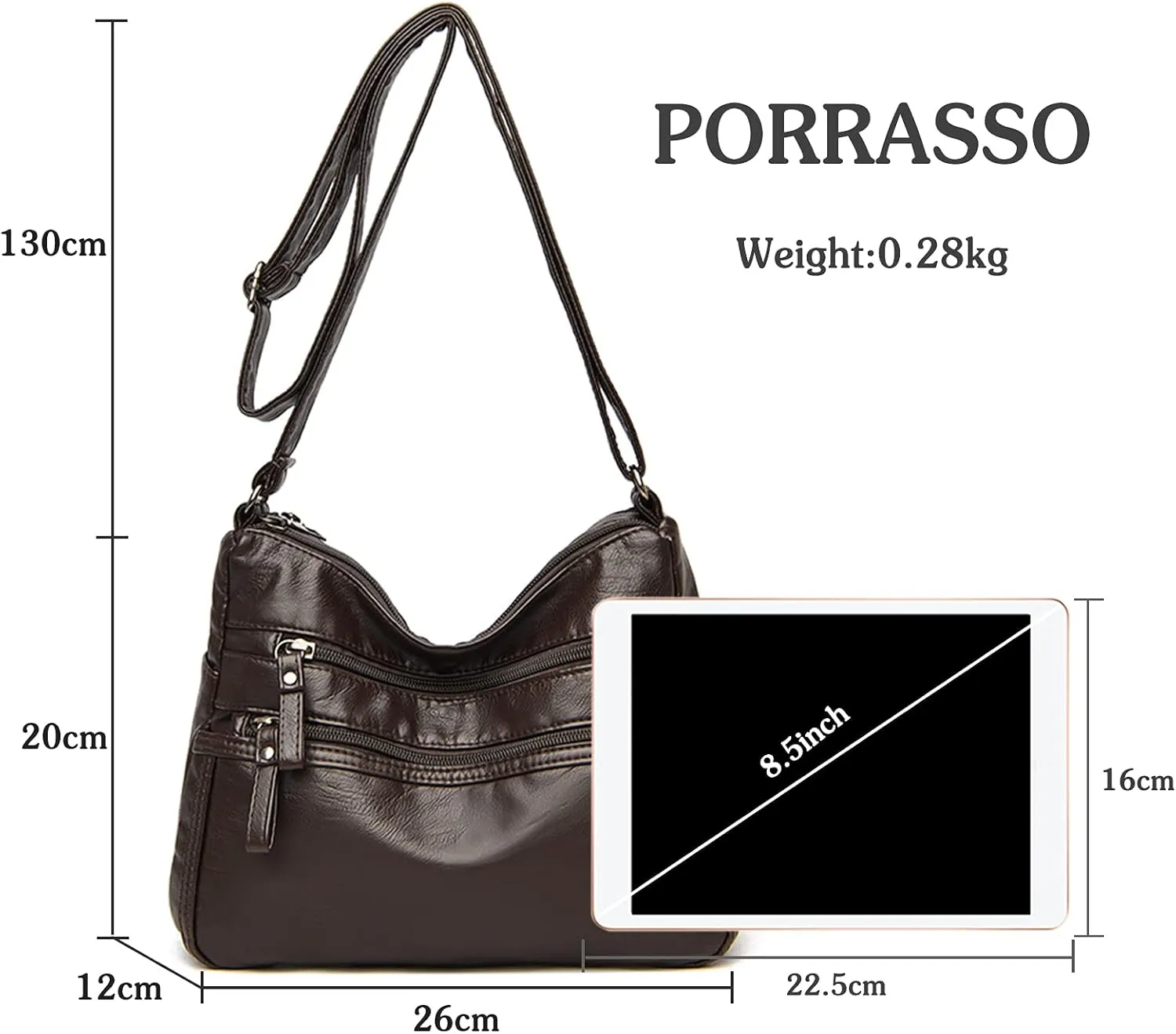 PORRASSO Women Crossbody Bag Multi-pocket Shoulder Bag Leather Waterproof