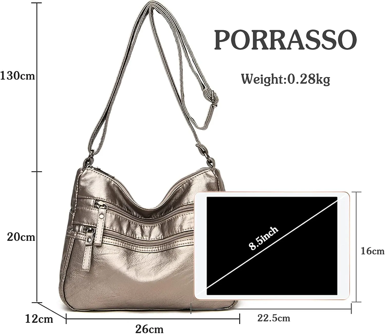 PORRASSO Women Crossbody Bag Multi-pocket Shoulder Bag Leather Waterproof