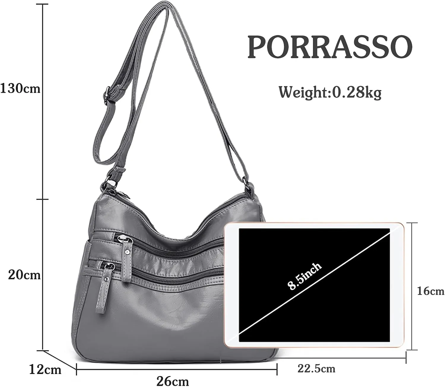 PORRASSO Women Crossbody Bag Multi-pocket Shoulder Bag Leather Waterproof