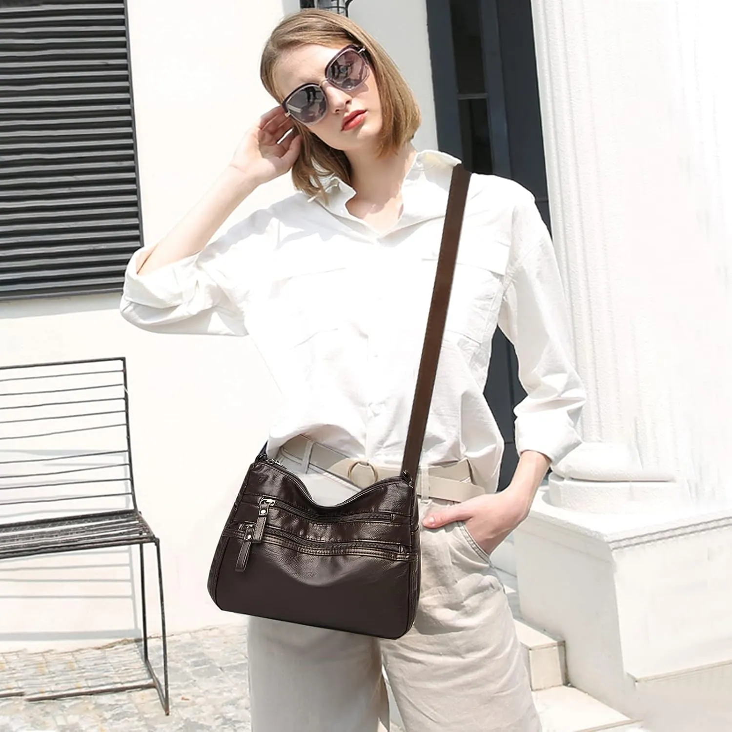 PORRASSO Women Crossbody Bag Multi-pocket Shoulder Bag Leather Waterproof