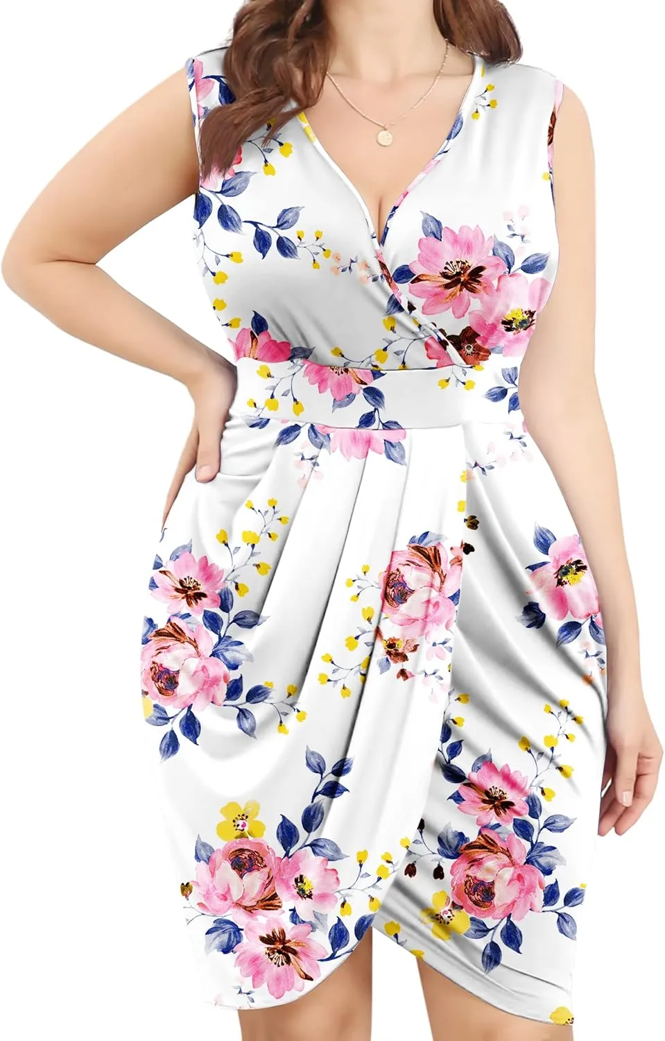 POSESHE Womens Plus Size Dress Summer Sleeveless V Neck Wedding Guest Formal Cocktail Date Bodycon Wrap Dress with Front Slit