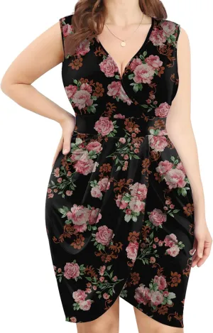 POSESHE Womens Plus Size Dress Summer Sleeveless V Neck Wedding Guest Formal Cocktail Date Bodycon Wrap Dress with Front Slit