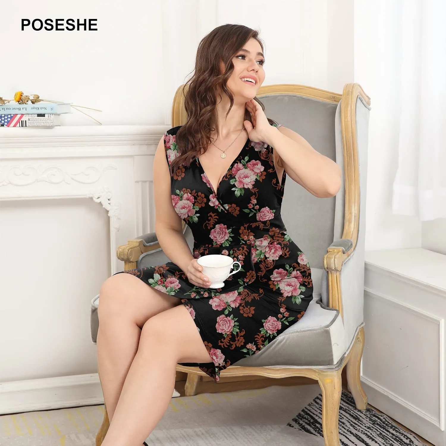 POSESHE Womens Plus Size Dress Summer Sleeveless V Neck Wedding Guest Formal Cocktail Date Bodycon Wrap Dress with Front Slit