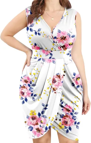 POSESHE Womens Plus Size Dress Summer Sleeveless V Neck Wedding Guest Formal Cocktail Date Bodycon Wrap Dress with Front Slit