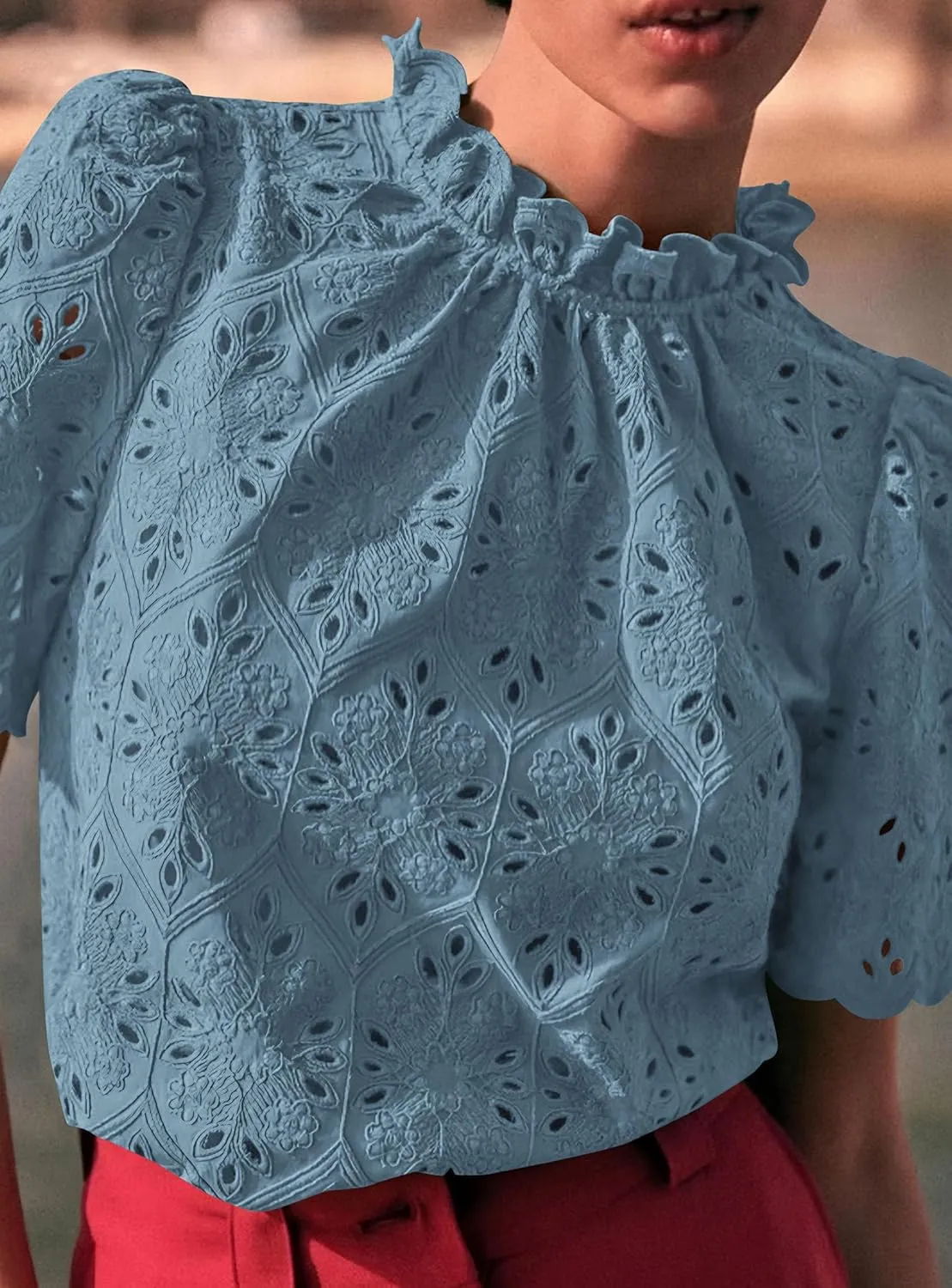 PRETTYGARDEN Womens Summer Tops 2025 Trendy Short Sleeve Eyelet Embroidered Dressy Casual Blouse Shirts