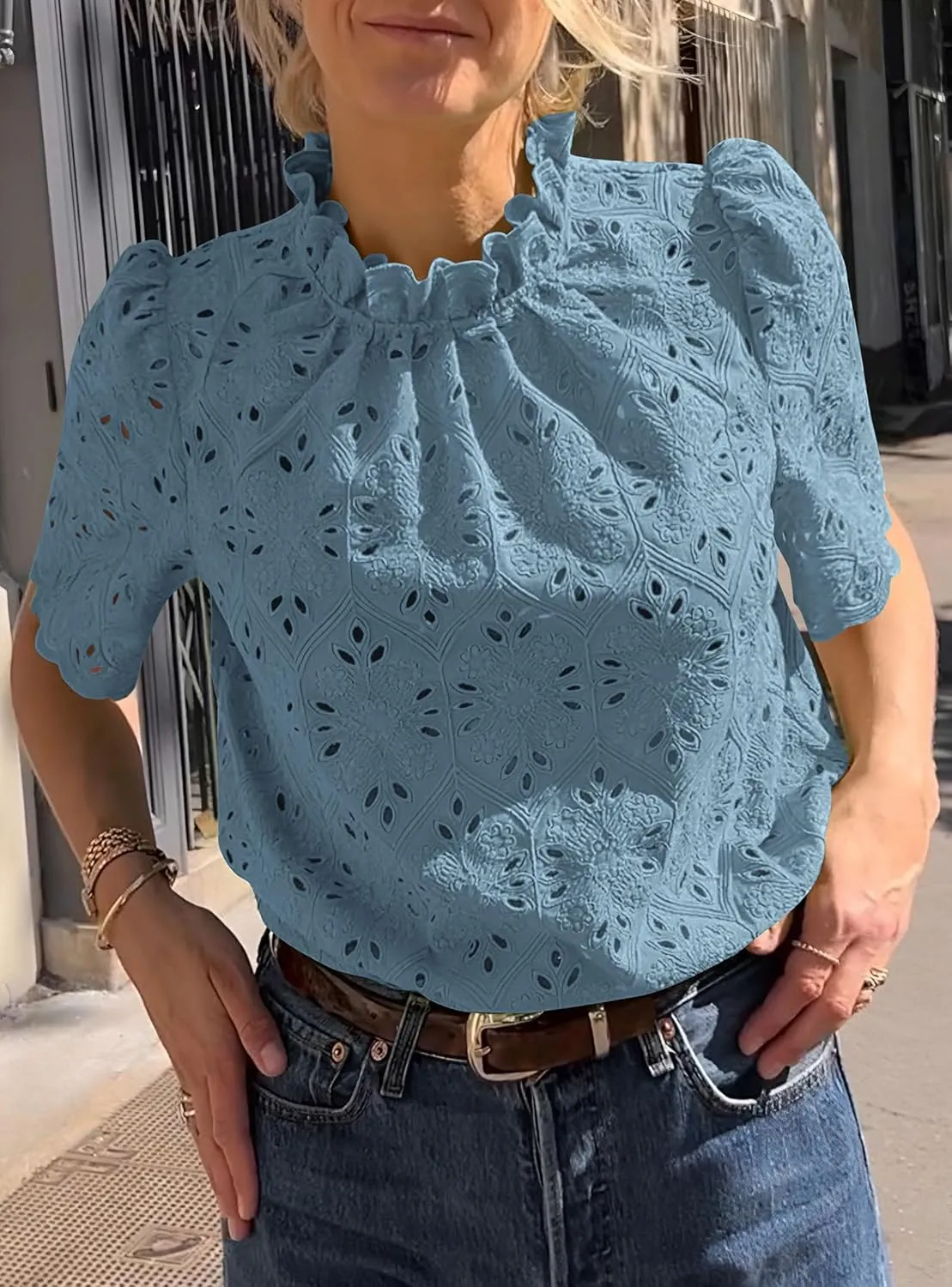 PRETTYGARDEN Womens Summer Tops 2025 Trendy Short Sleeve Eyelet Embroidered Dressy Casual Blouse Shirts