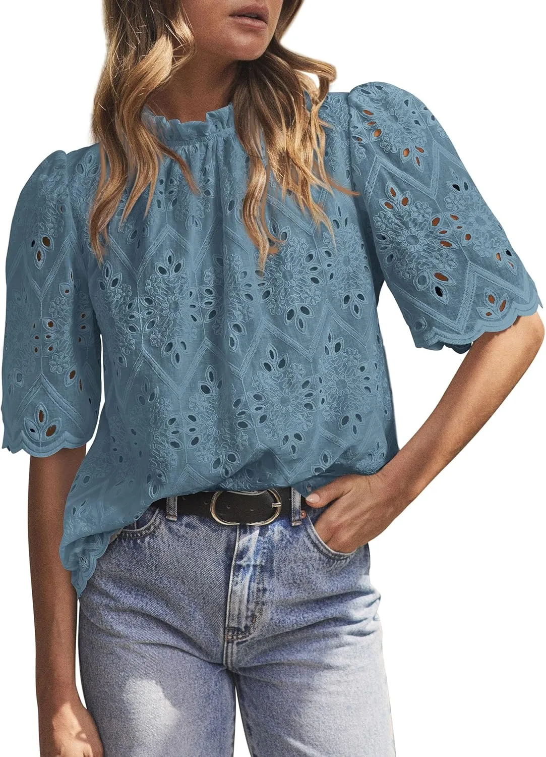 PRETTYGARDEN Womens Summer Tops 2025 Trendy Short Sleeve Eyelet Embroidered Dressy Casual Blouse Shirts
