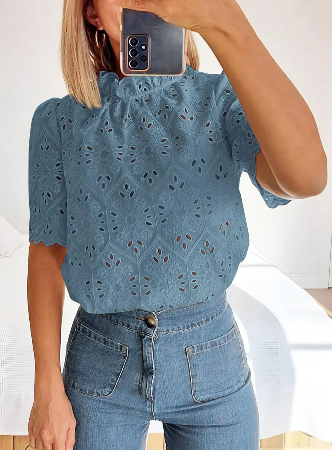 PRETTYGARDEN Womens Summer Tops 2025 Trendy Short Sleeve Eyelet Embroidered Dressy Casual Blouse Shirts