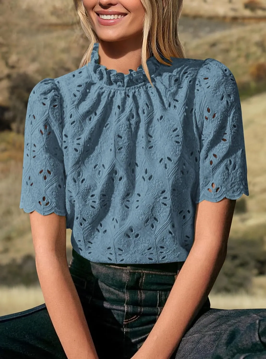 PRETTYGARDEN Womens Summer Tops 2025 Trendy Short Sleeve Eyelet Embroidered Dressy Casual Blouse Shirts