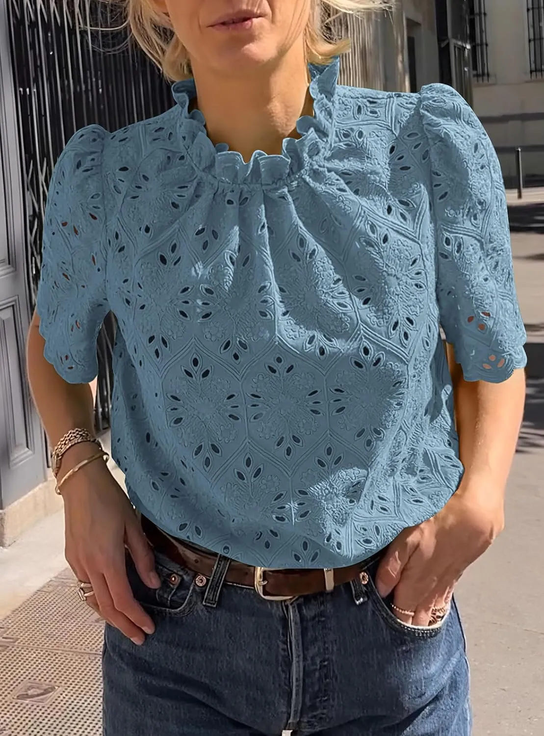 PRETTYGARDEN Womens Summer Tops 2025 Trendy Short Sleeve Eyelet Embroidered Dressy Casual Blouse Shirts