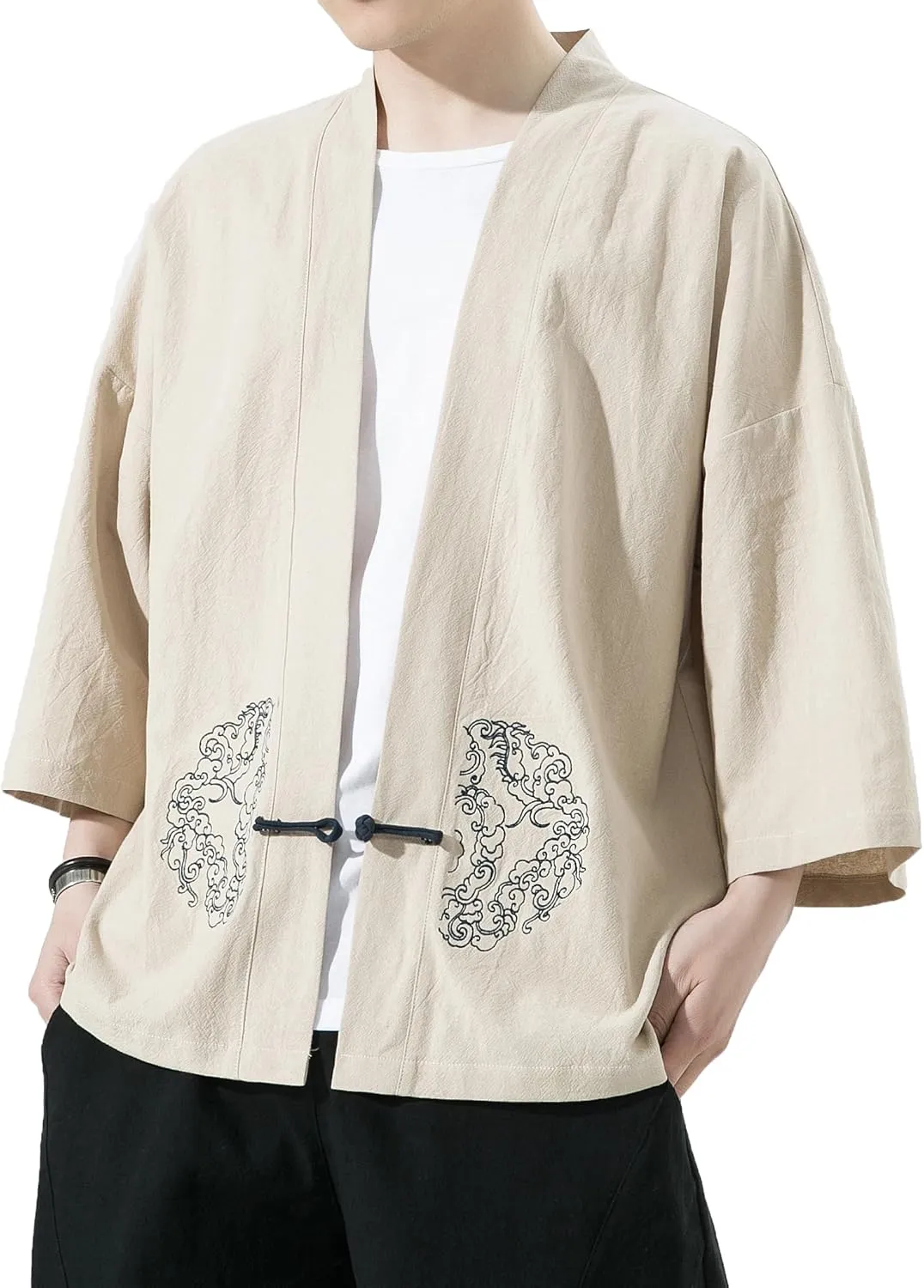 PRIJOUHE Men's Kimono Jackets Cardigan Casual Cotton Blends Linen Seven Sleeve Open Front Embroidery Coat