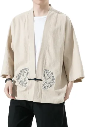 PRIJOUHE Men's Kimono Jackets Cardigan Casual Cotton Blends Linen Seven Sleeve Open Front Embroidery Coat