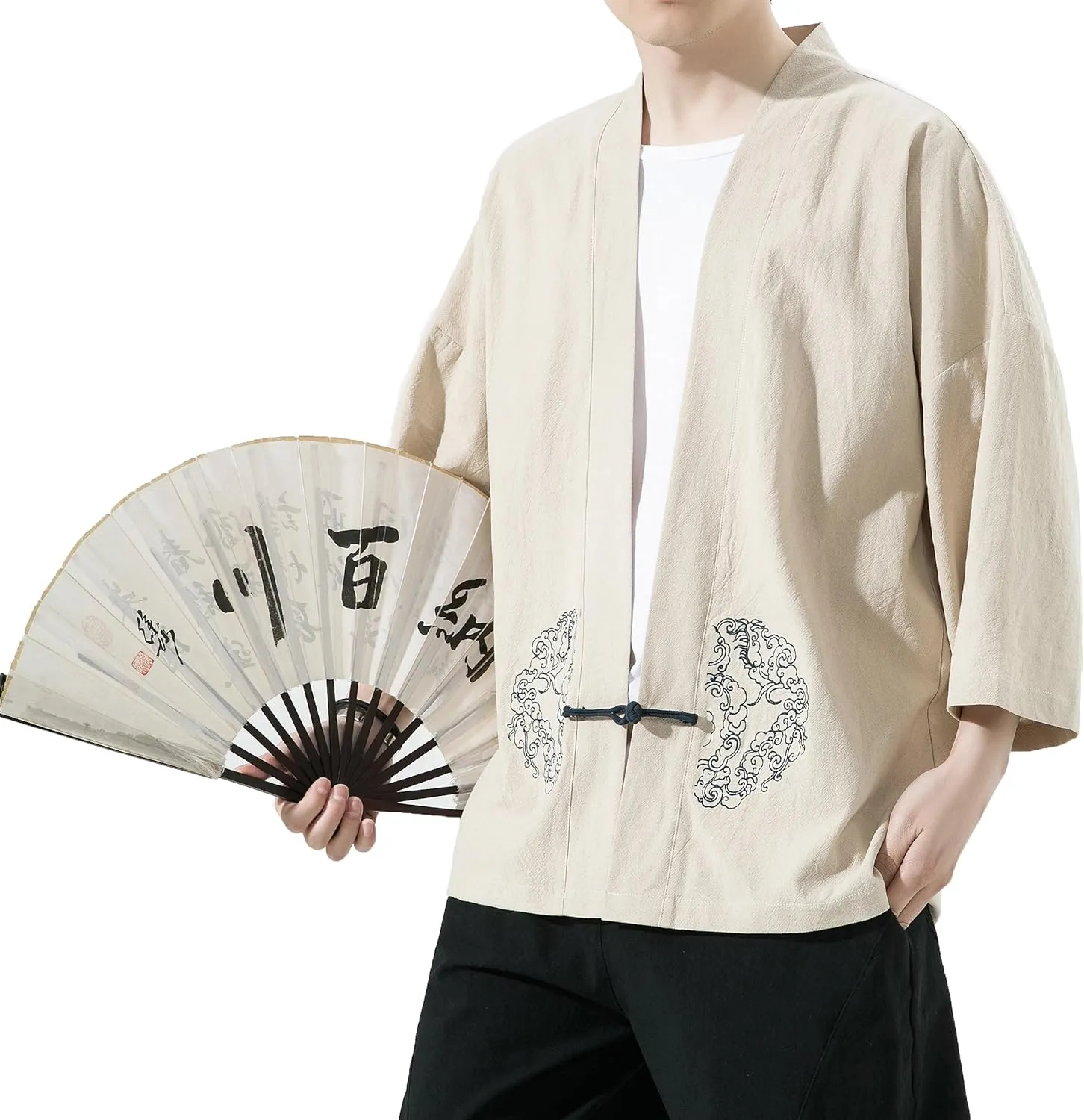 PRIJOUHE Men's Kimono Jackets Cardigan Casual Cotton Blends Linen Seven Sleeve Open Front Embroidery Coat