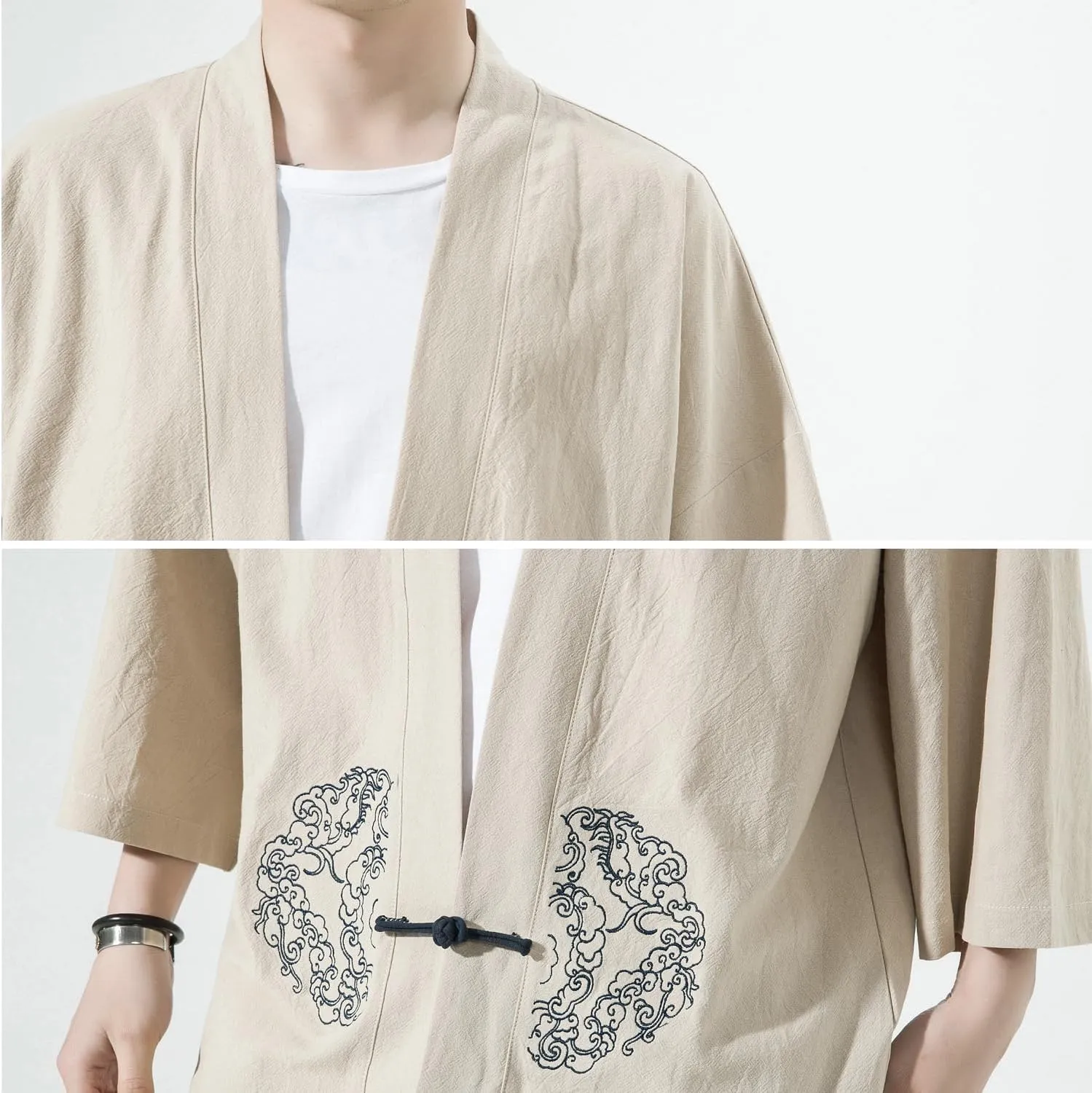 PRIJOUHE Men's Kimono Jackets Cardigan Casual Cotton Blends Linen Seven Sleeve Open Front Embroidery Coat