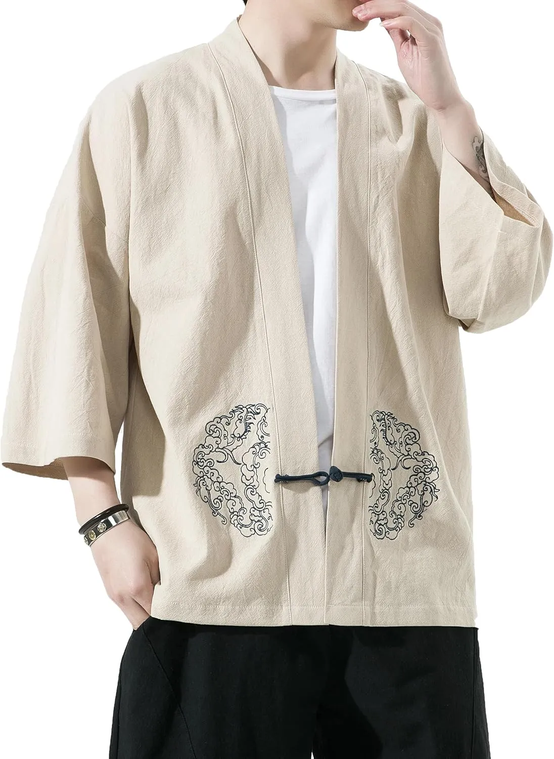 PRIJOUHE Men's Kimono Jackets Cardigan Casual Cotton Blends Linen Seven Sleeve Open Front Embroidery Coat