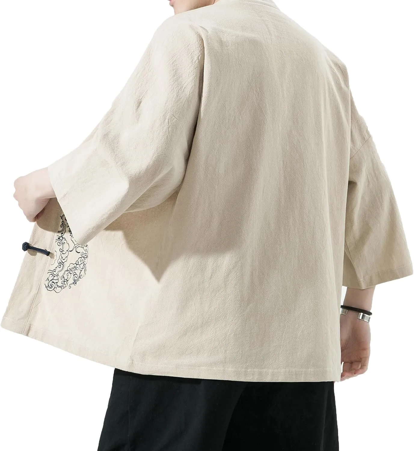 PRIJOUHE Men's Kimono Jackets Cardigan Casual Cotton Blends Linen Seven Sleeve Open Front Embroidery Coat