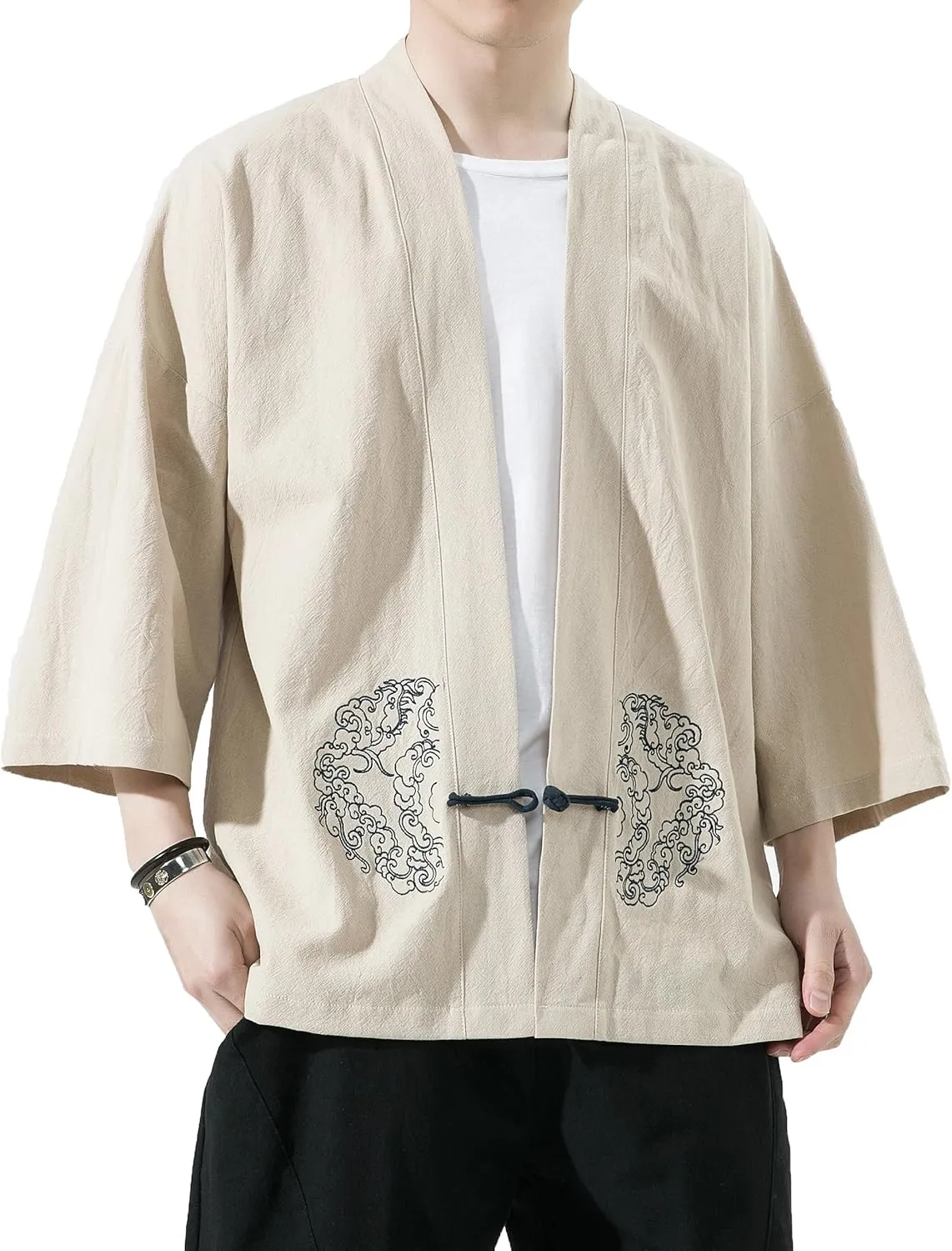 PRIJOUHE Men's Kimono Jackets Cardigan Casual Cotton Blends Linen Seven Sleeve Open Front Embroidery Coat