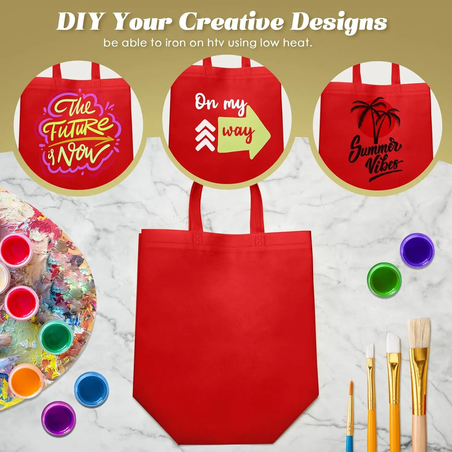 Reginary Reusable Totes Bags - 100 Pcs Non Woven Grocery Handle Bags for Shop Events & Retail Store(Red)