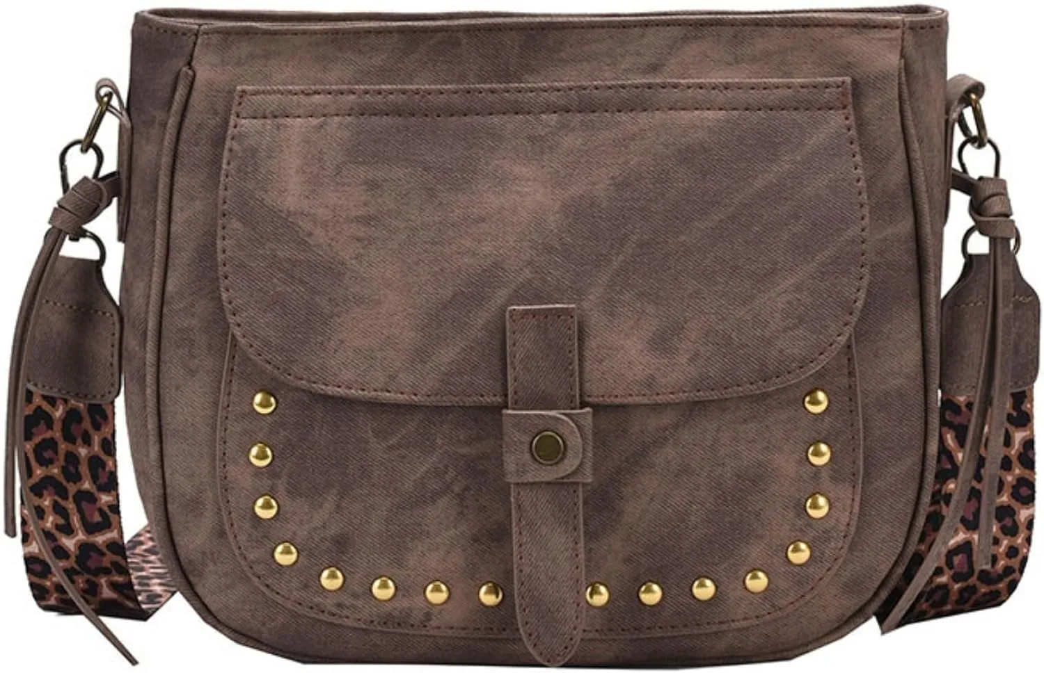 Riveted Crossbody Bag for Women Retro Shoulder Casual Hobo Messenger Bag Satchel Purse Leopard Strap Totes