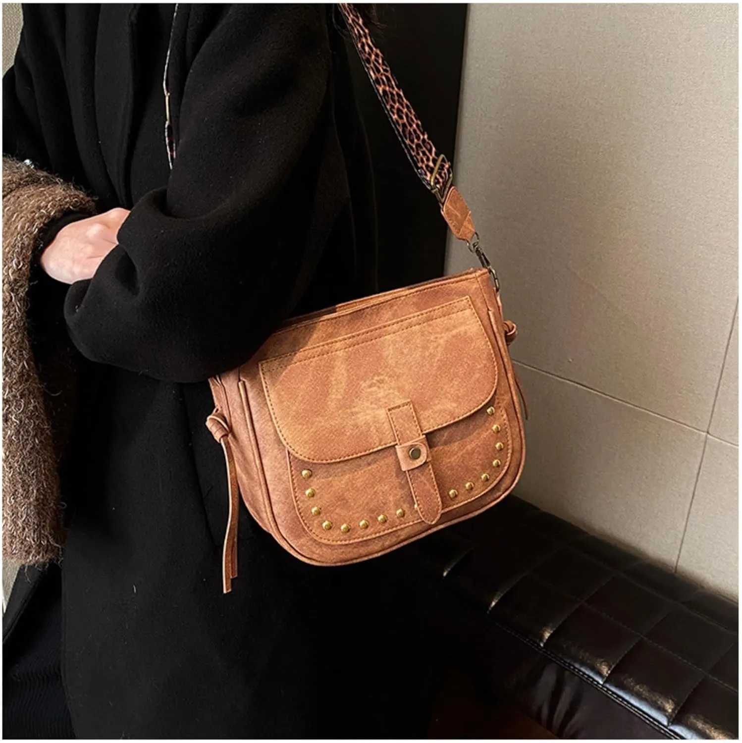 Riveted Crossbody Bag for Women Retro Shoulder Casual Hobo Messenger Bag Satchel Purse Leopard Strap Totes