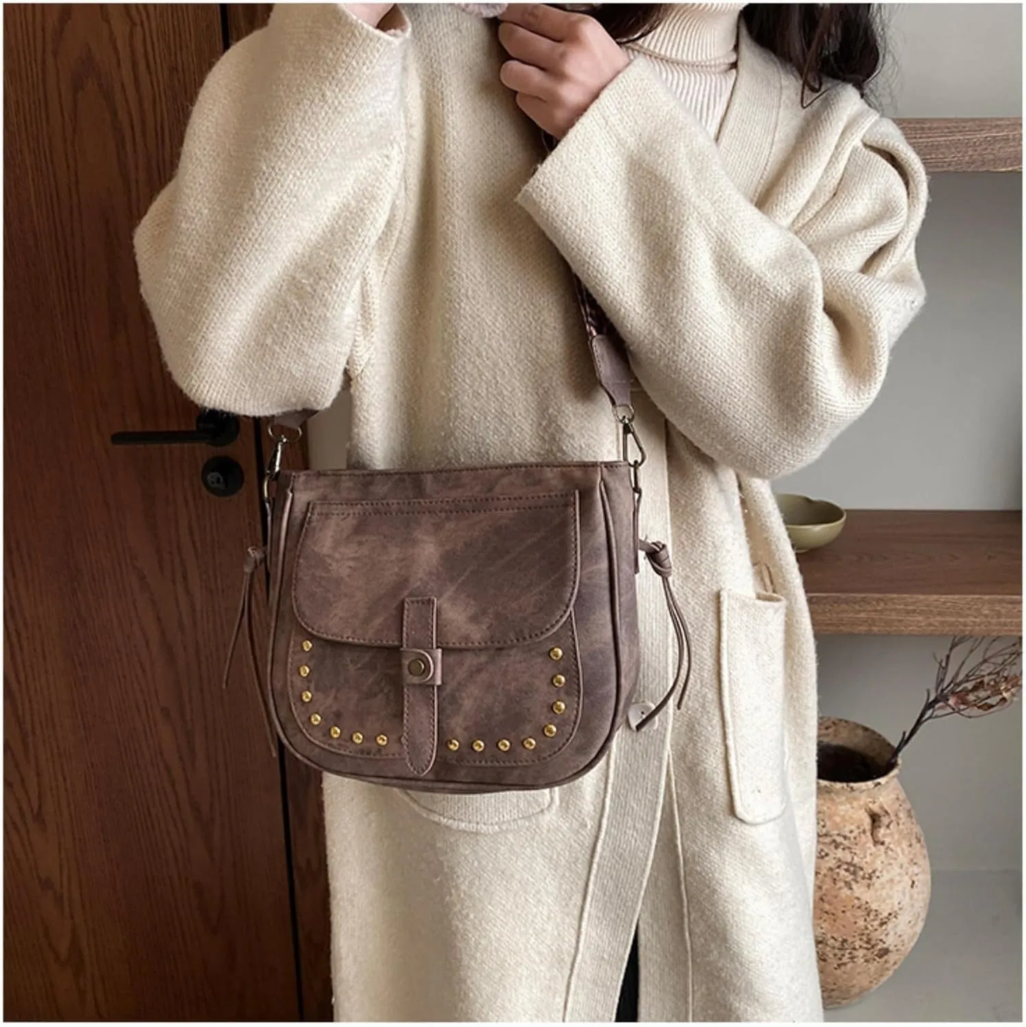Riveted Crossbody Bag for Women Retro Shoulder Casual Hobo Messenger Bag Satchel Purse Leopard Strap Totes