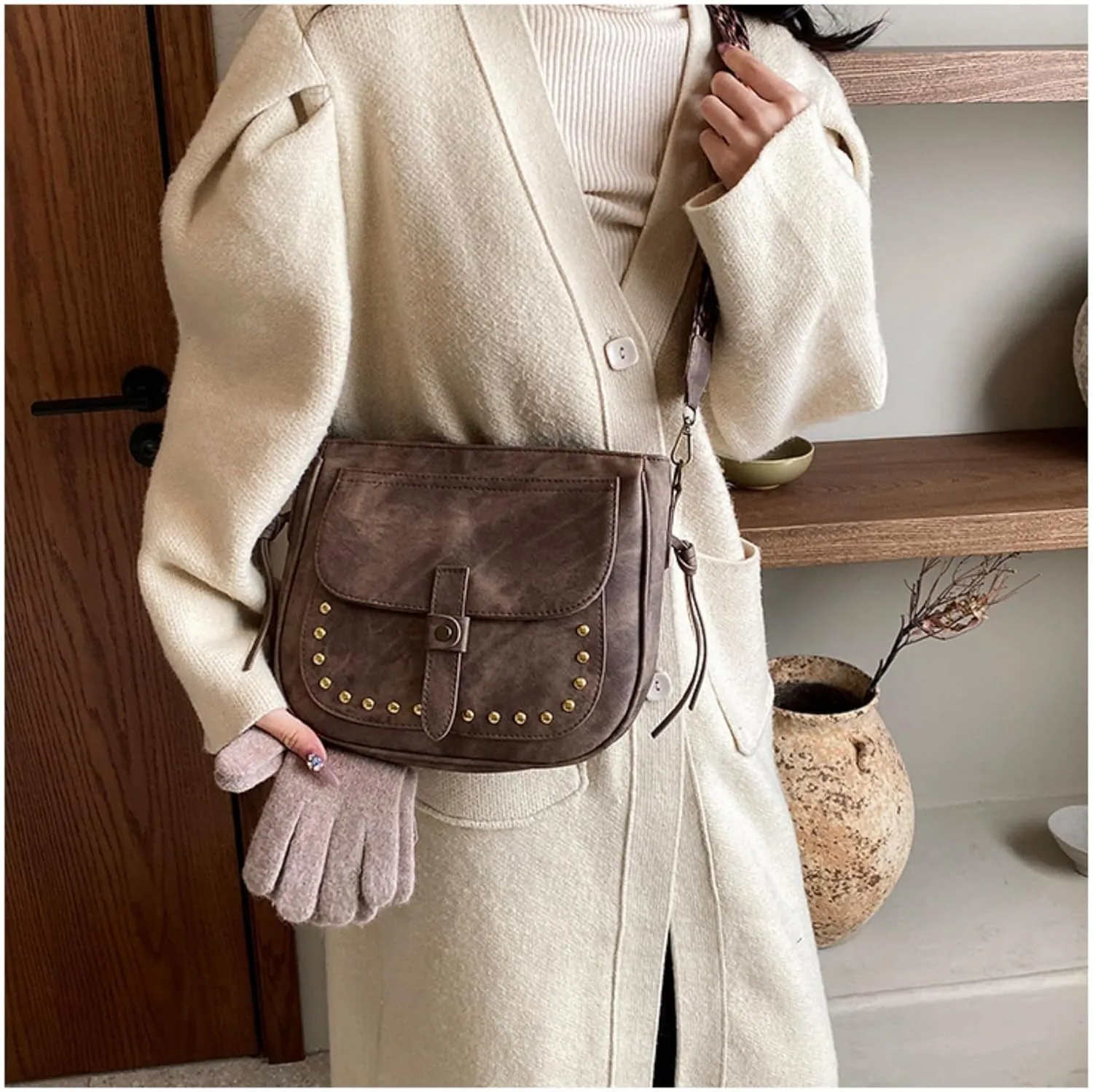 Riveted Crossbody Bag for Women Retro Shoulder Casual Hobo Messenger Bag Satchel Purse Leopard Strap Totes