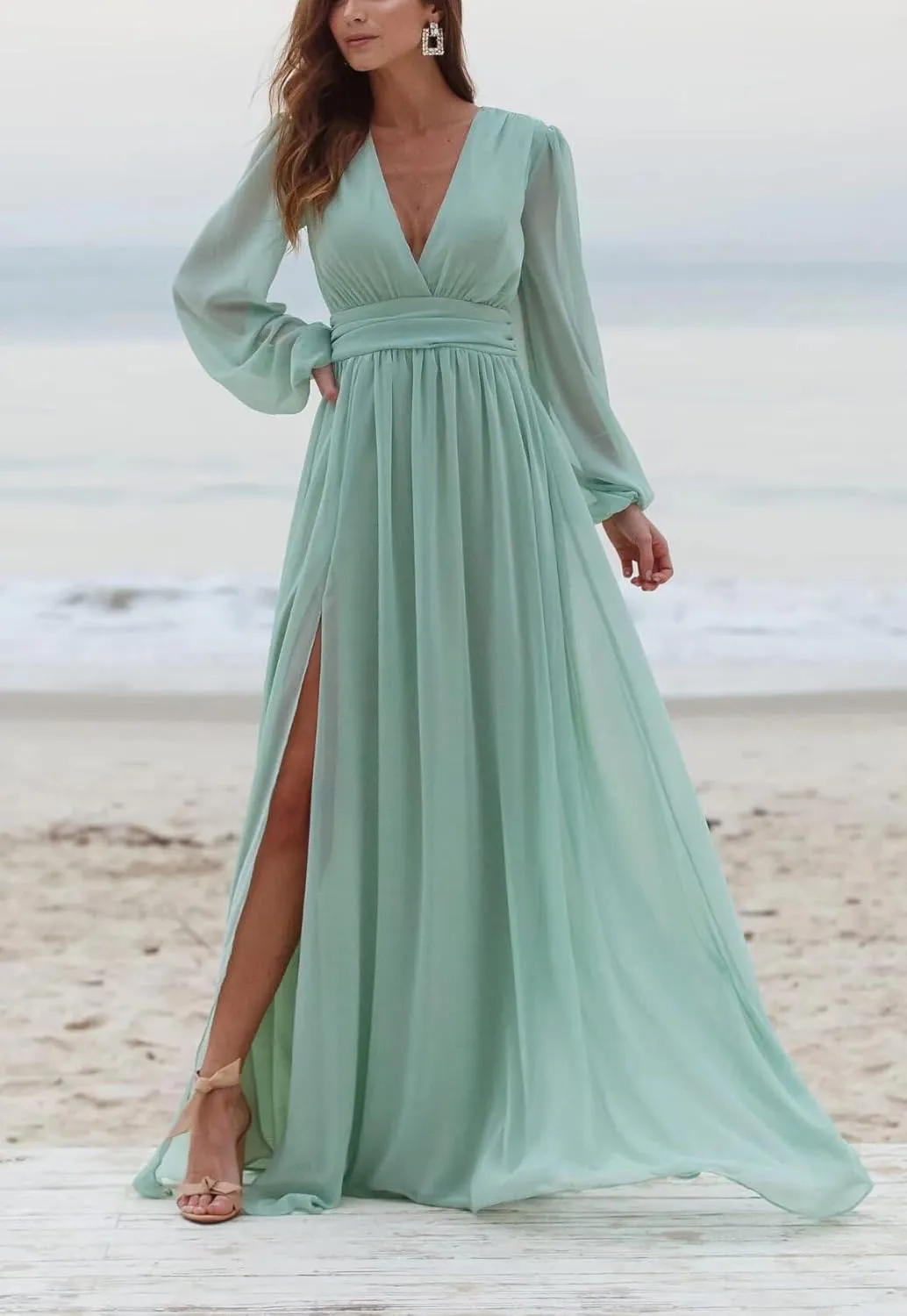 Rmaytiked Long Sleeves Bridesmaid Dresses with Slit V Neck Chiffon Wedding Guest Gowns Formal Evening Dresses for Women