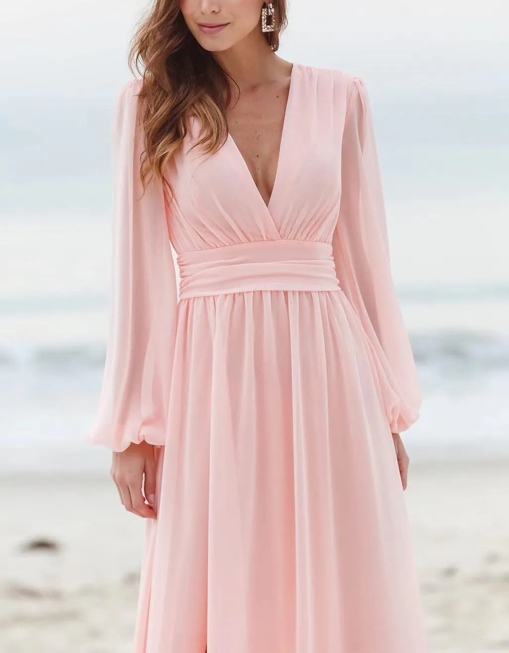 Rmaytiked Long Sleeves Bridesmaid Dresses with Slit V Neck Chiffon Wedding Guest Gowns Formal Evening Dresses for Women