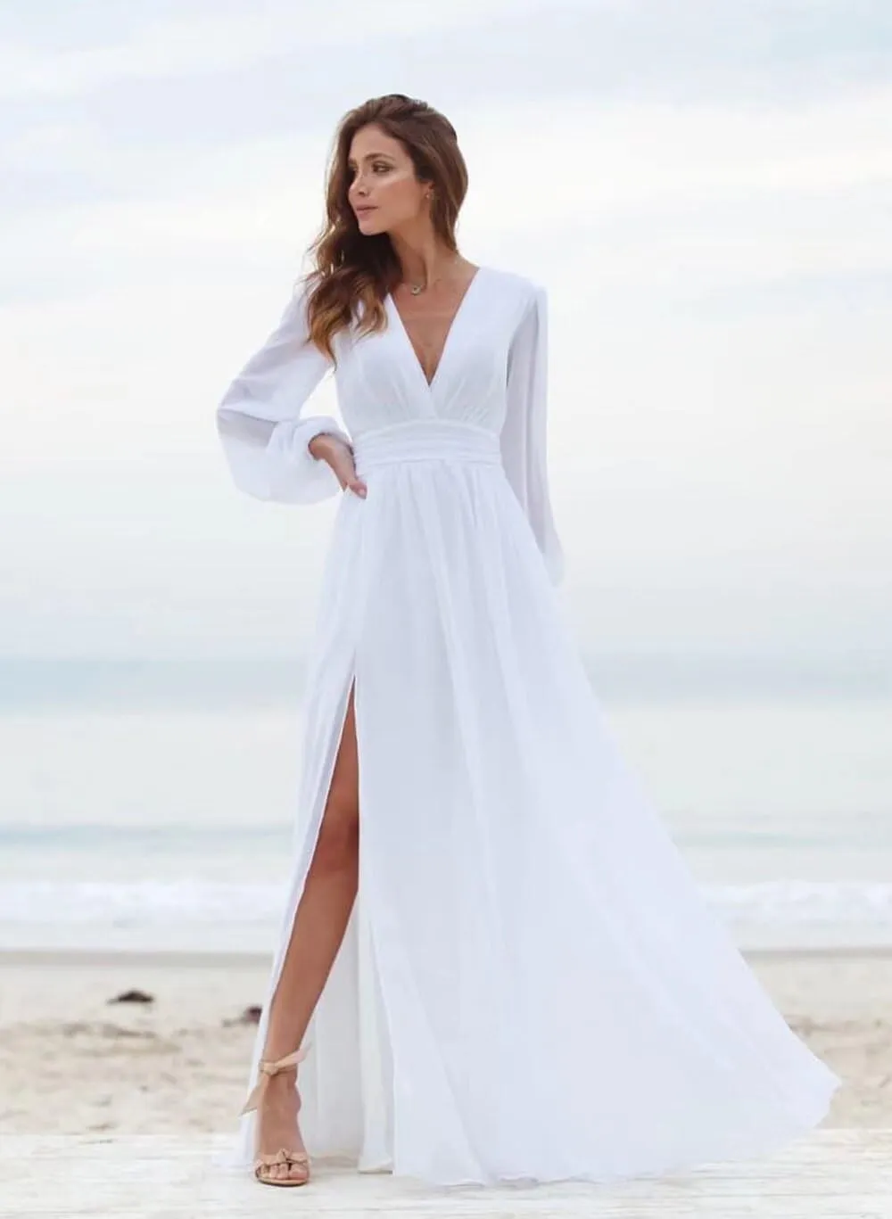 Rmaytiked Long Sleeves Bridesmaid Dresses with Slit V Neck Chiffon Wedding Guest Gowns Formal Evening Dresses for Women
