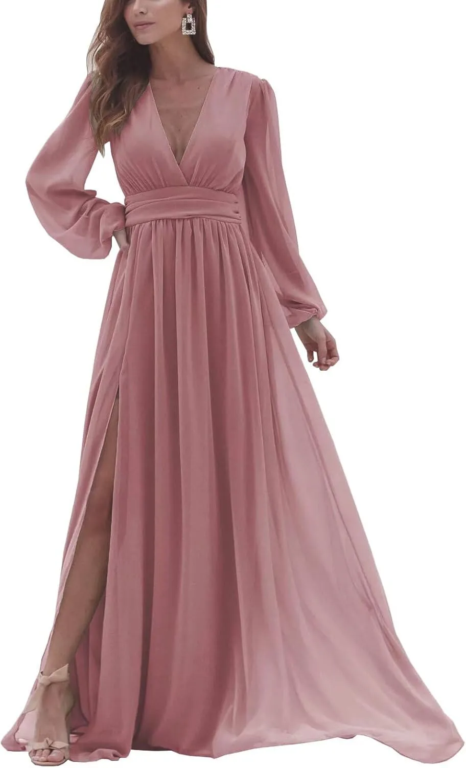 Rmaytiked Long Sleeves Bridesmaid Dresses with Slit V Neck Chiffon Wedding Guest Gowns Formal Evening Dresses for Women