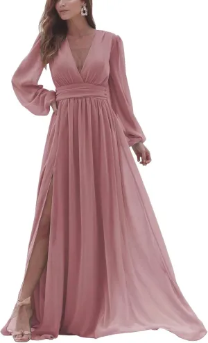 Rmaytiked Long Sleeves Bridesmaid Dresses with Slit V Neck Chiffon Wedding Guest Gowns Formal Evening Dresses for Women